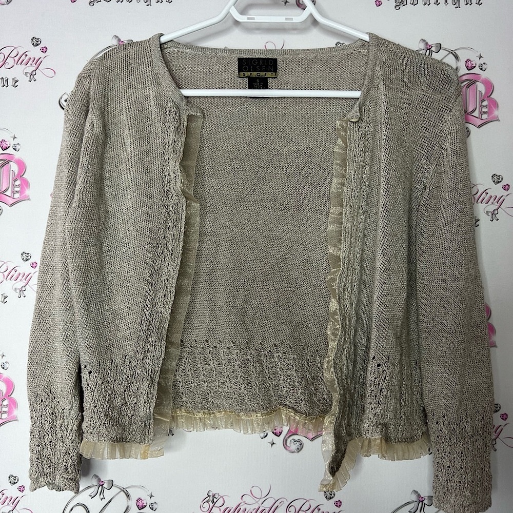 Sigrid Olsen sport cardigan lace Trim Beige Cardigan Sweater